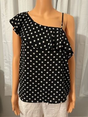 Cute Monteau size M black gray polka dot one shoulder ruffle top shirt blouse